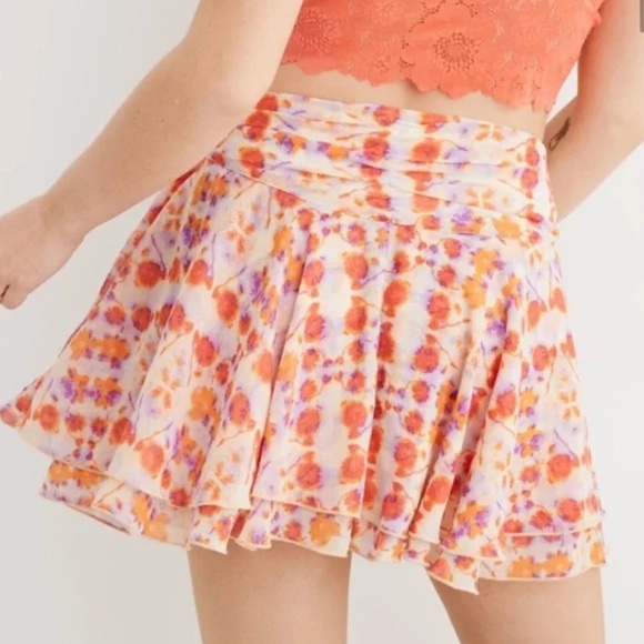 Aerie Wrap Tie Dye Mini Skirt — Cream Skirt with Orange/Purple Tie Dye Pattern - Picture 2 of 7